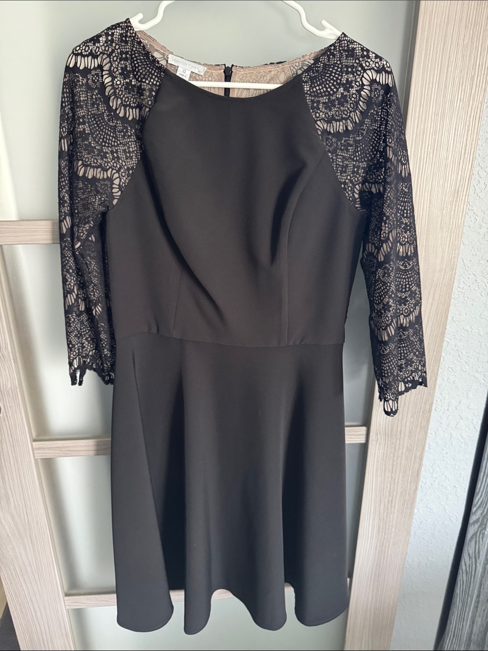 London Times Black Lace-Sleeve A-Line Dress